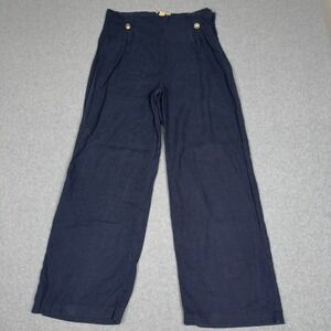 Michael Michael Kors Navy Blue Linen Blend Wide Leg Sailor Button Pants Size 10